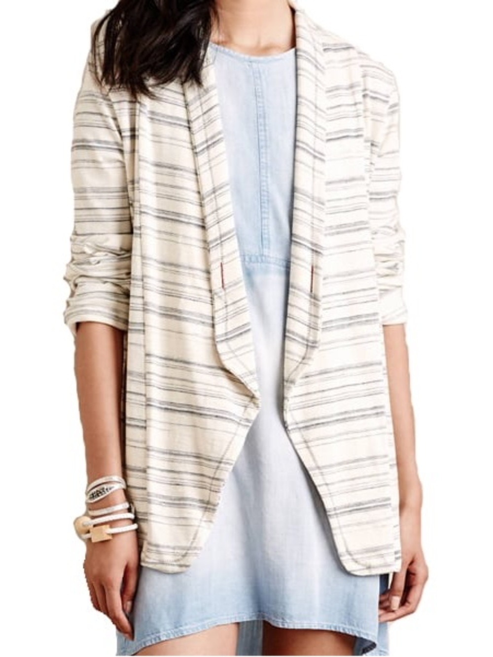 Anthropologie Sz S Saturday Sunday Striped Open-Front Cream Knit Cardigan